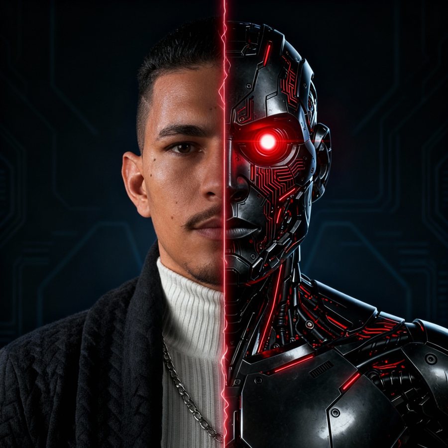 Raphael Martins — retrato dividido entre humano e circuito, a identidade Cyborg: estratégia humana com execução de IA